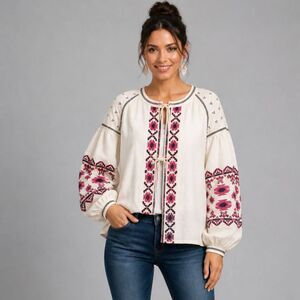 Embroidered Boho Chic Peasant Top XS Off White Open Tie Front Puff Sleeve Folk S